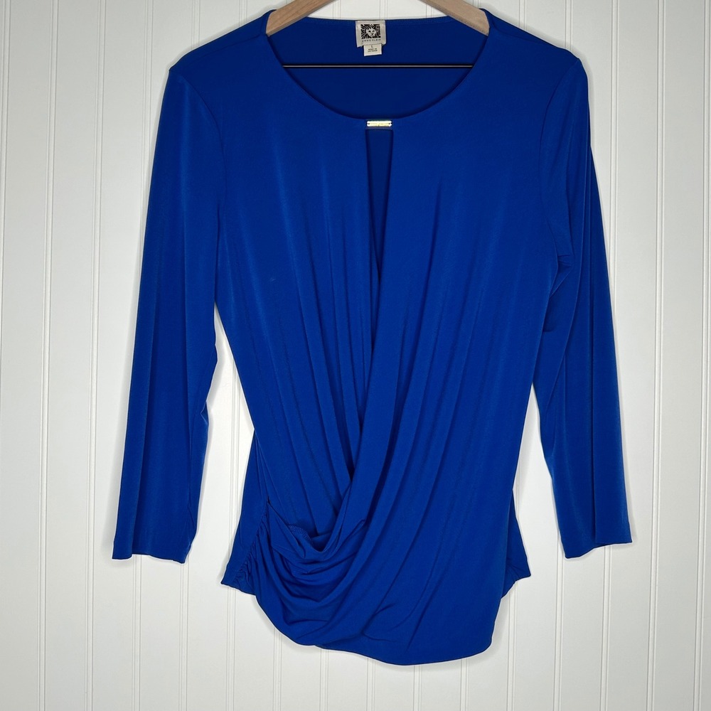 Anne Klein Womens Blouse L Royal Blue Wrap Ruched Stretch Jersey Work Top
